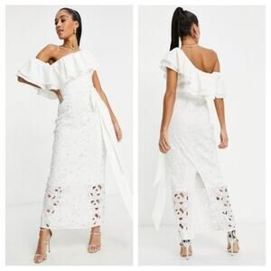 New Chi Chi London One Shoulder Ruffle Lace Midi Maxi Dress in White